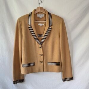 Vintage Y2K St. John Knit Camel Blazer and Tank Set with Black Striped Trim